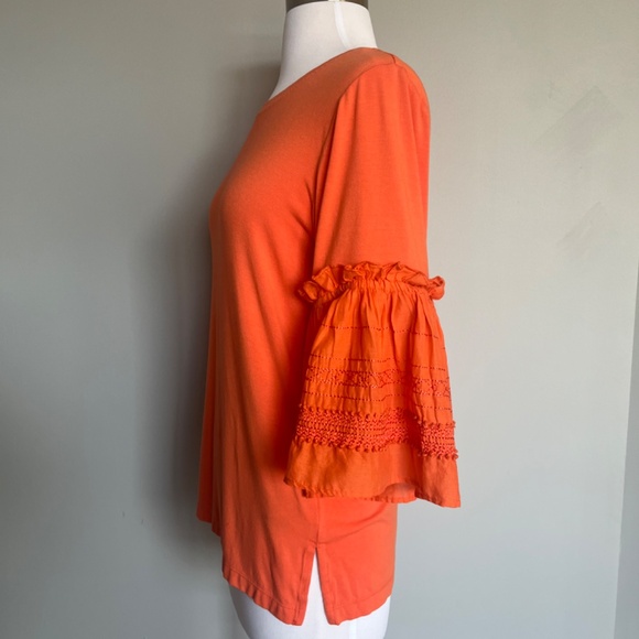 KOBI HALPERIN Embroidered Ruffle Flutter Bell Sleeve Jersey Top Blouse Tangerine - Picture 8 of 16